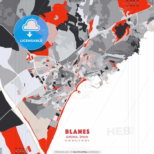 Blanes, Girona, Spain - modern street map poster template with gray and red tones
