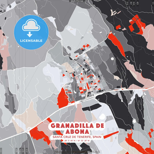 Granadilla de Abona, Santa Cruz de Tenerife, Spain - modern street map poster template with gray and red tones