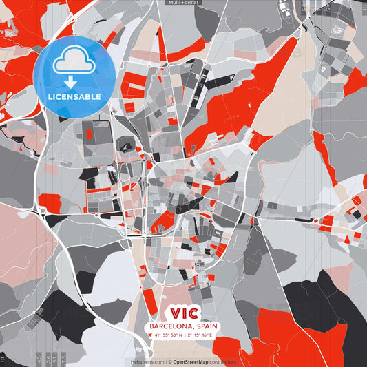 Vic, Barcelona, Spain - modern street map poster template with gray and red tones