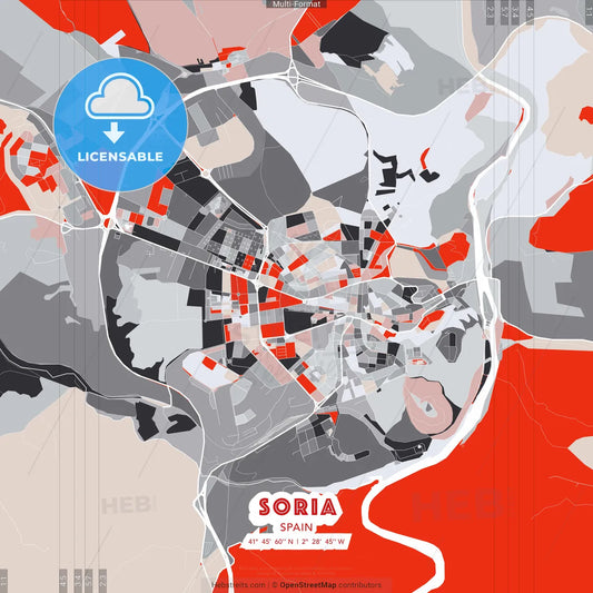 Soria, Spain - modern street map poster template with gray and red tones