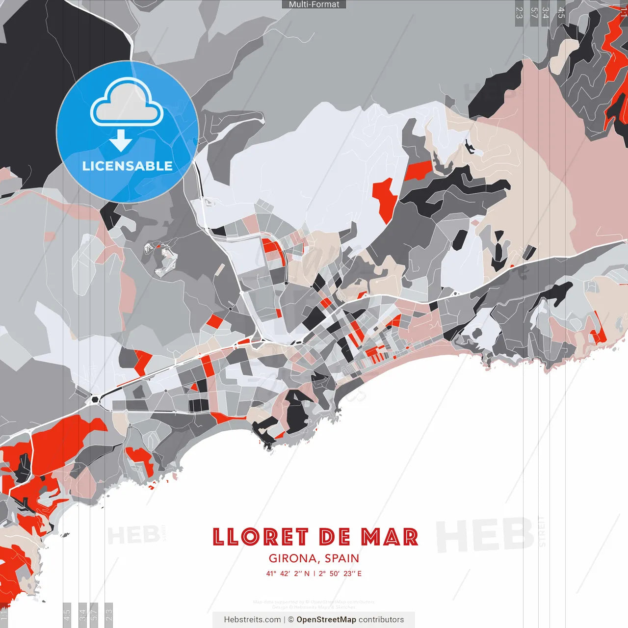 Lloret de Mar, Girona, Spain - modern street map poster template with gray and red tones