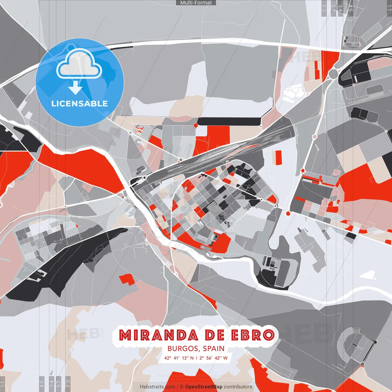 Miranda de Ebro, Burgos, Spain - modern street map poster template with gray and red tones