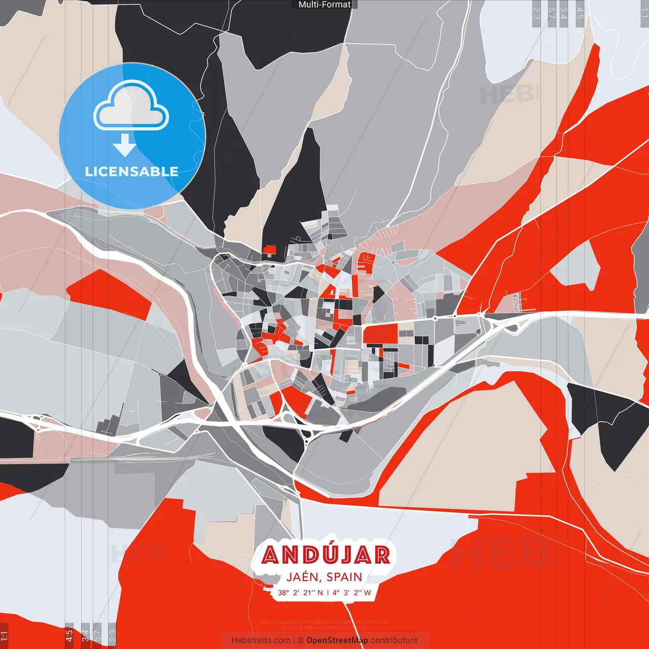 Andújar, Jaén, Spain - modern street map poster template with gray and red tones