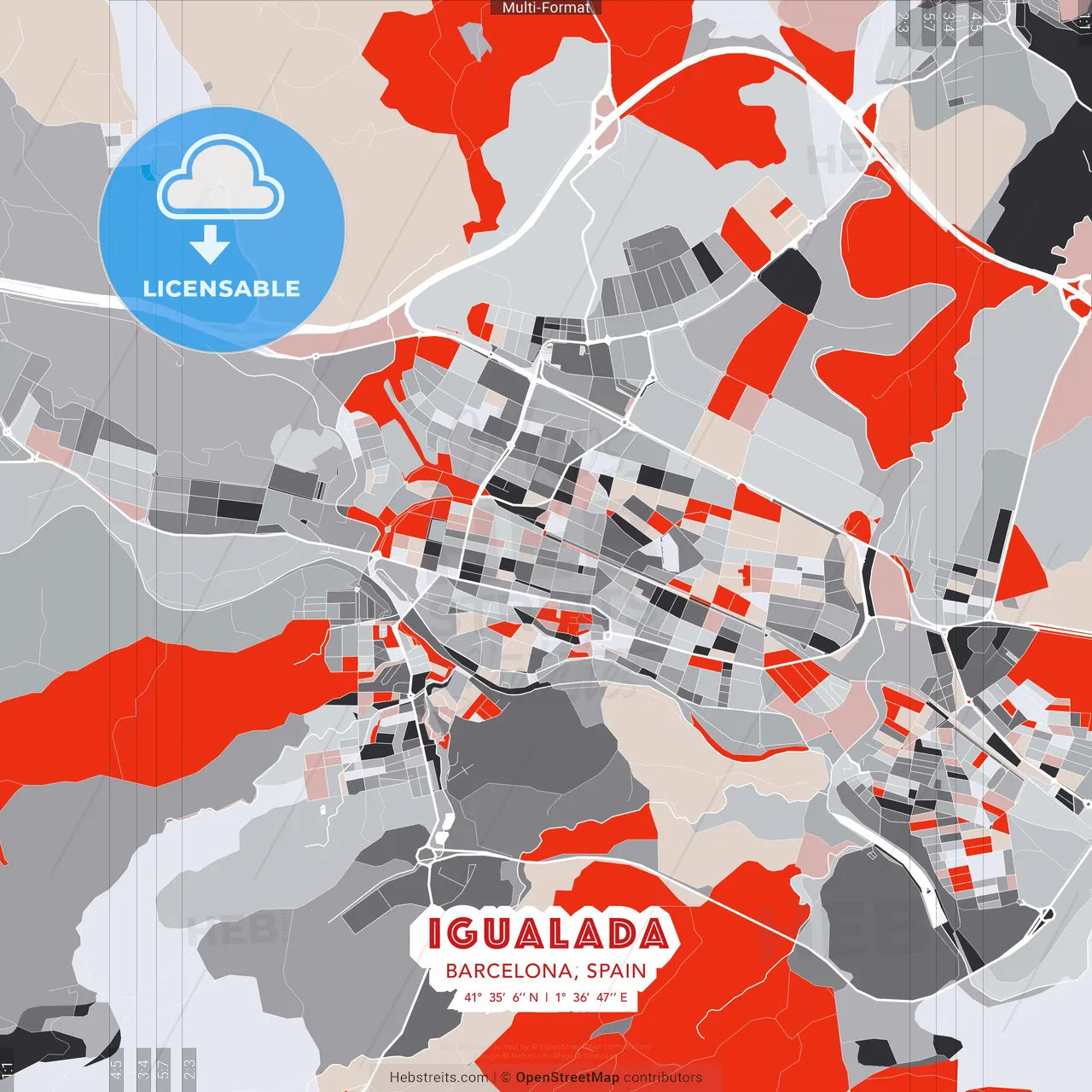Igualada, Barcelona, Spain - modern street map poster template with gray and red tones