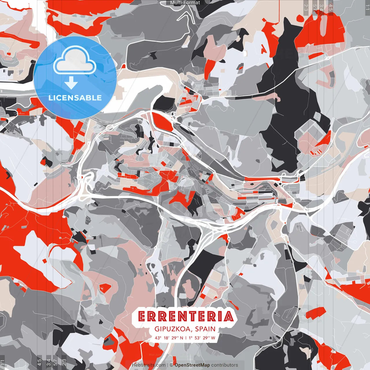 Errenteria, Gipuzkoa, Spain - modern street map poster template with gray and red tones