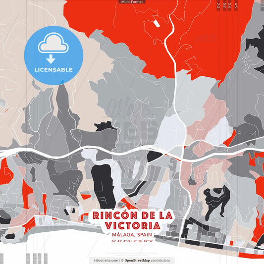 Rincón de la Victoria, Málaga, Spain - modern street map poster template with gray and red tones