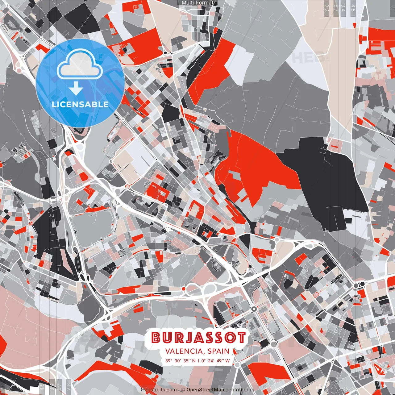 Burjassot, Valencia, Spain - modern street map poster template with gray and red tones