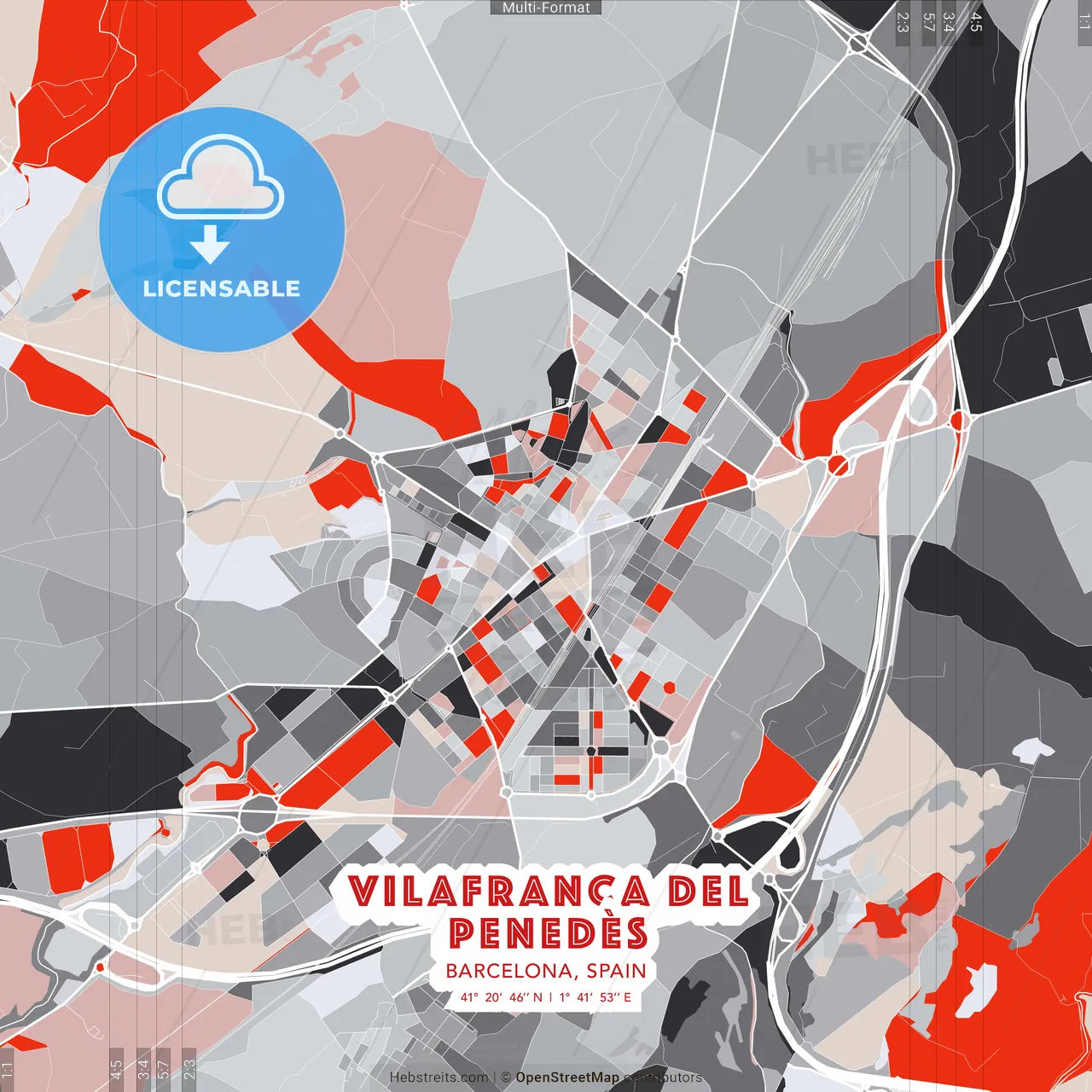 Vilafranca del Penedès, Barcelona, Spain - modern street map poster template with gray and red tones