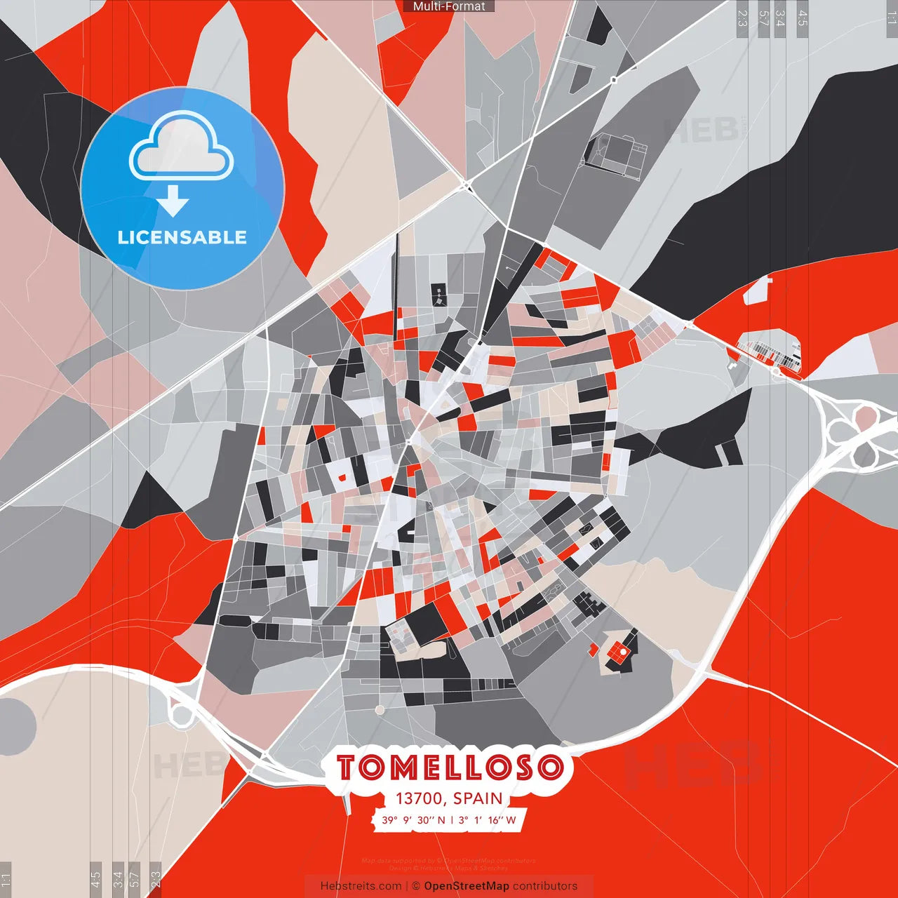 Tomelloso, 13700, Spain - modern street map poster template with gray and red tones