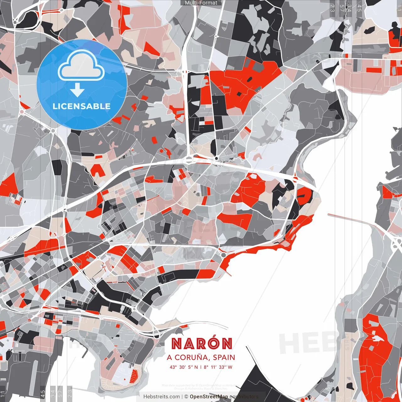 Narón, A Coruña, Spain - modern street map poster template with gray and red tones