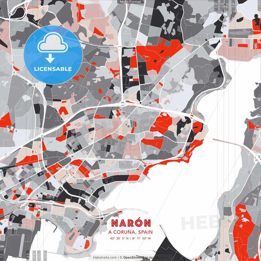 Narón, A Coruña, Spain - modern street map poster template with gray and red tones