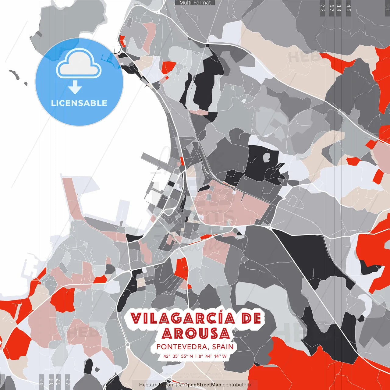 Vilagarcía de Arousa, Pontevedra, Spain - modern street map poster template with gray and red tones