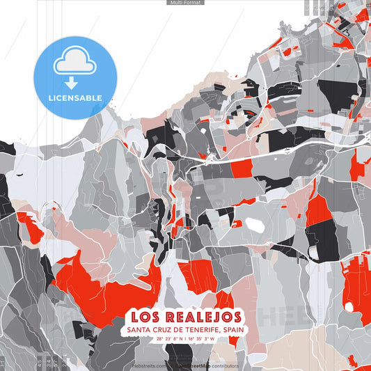 Los Realejos, Santa Cruz de Tenerife, Spain - modern street map poster template with gray and red tones