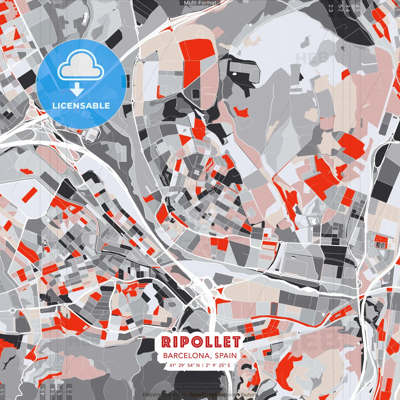 Ripollet, Barcelona, Spain - modern street map poster template with gray and red tones