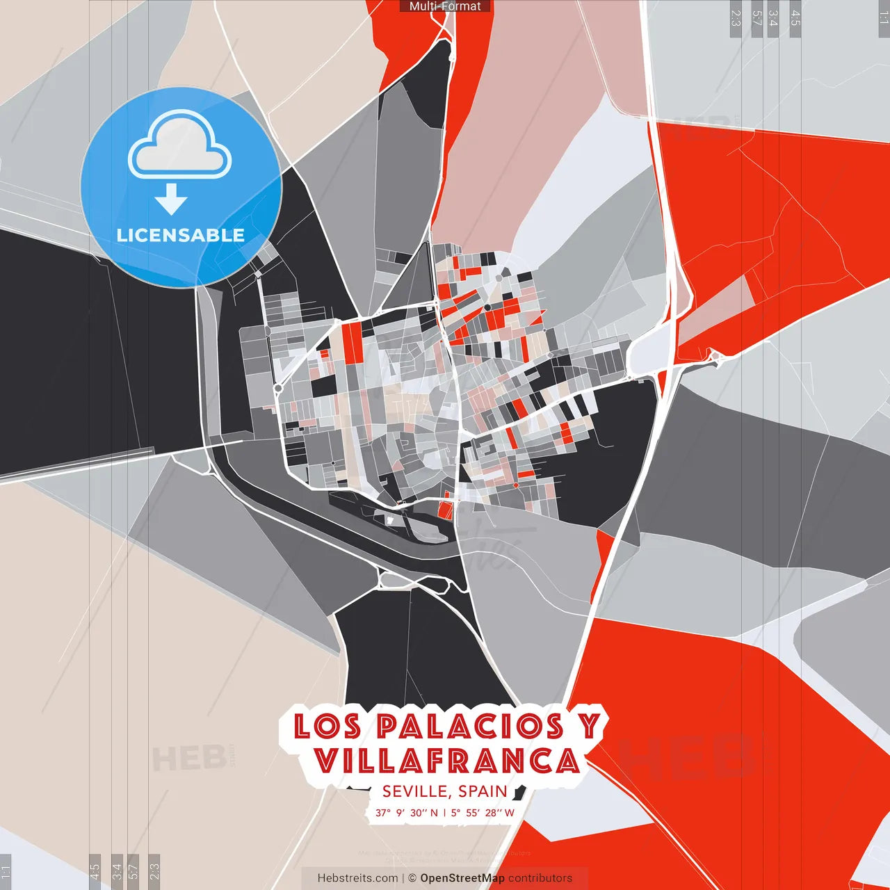 Los Palacios y Villafranca, Seville, Spain - modern street map poster template with gray and red tones
