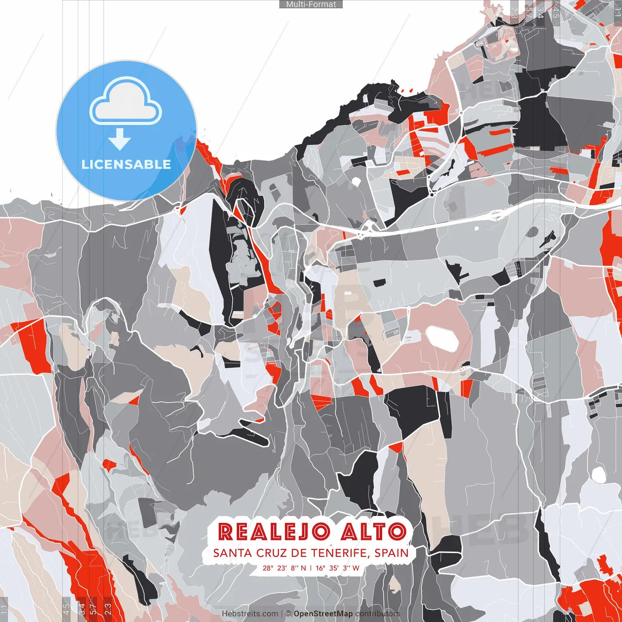 Realejo Alto, Santa Cruz de Tenerife, Spain - modern street map poster template with gray and red tones