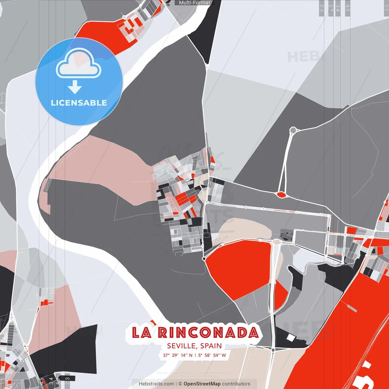La Rinconada, Seville, Spain - modern street map poster template with gray and red tones