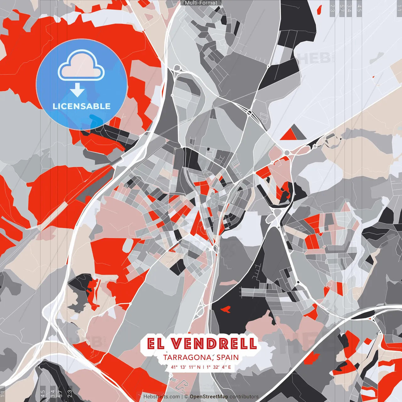 El Vendrell, Tarragona, Spain - modern street map poster template with gray and red tones