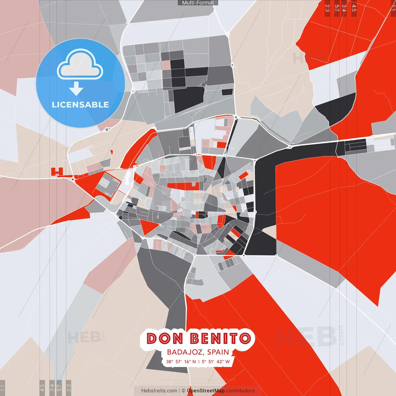 Don Benito, Badajoz, Spain - modern street map poster template with gray and red tones