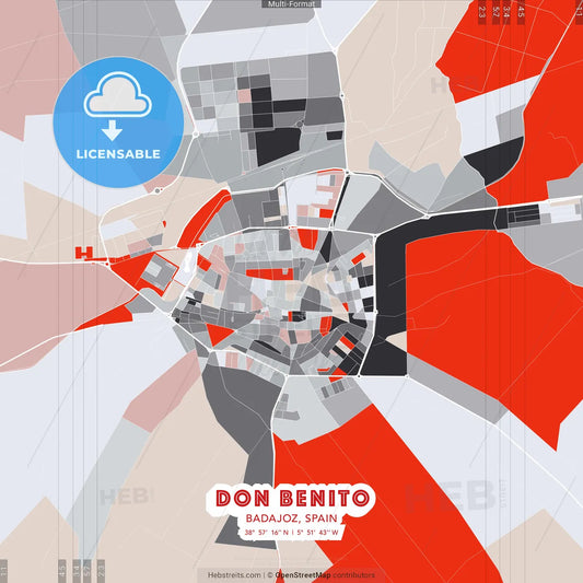 Don Benito, Badajoz, Spain - modern street map poster template with gray and red tones