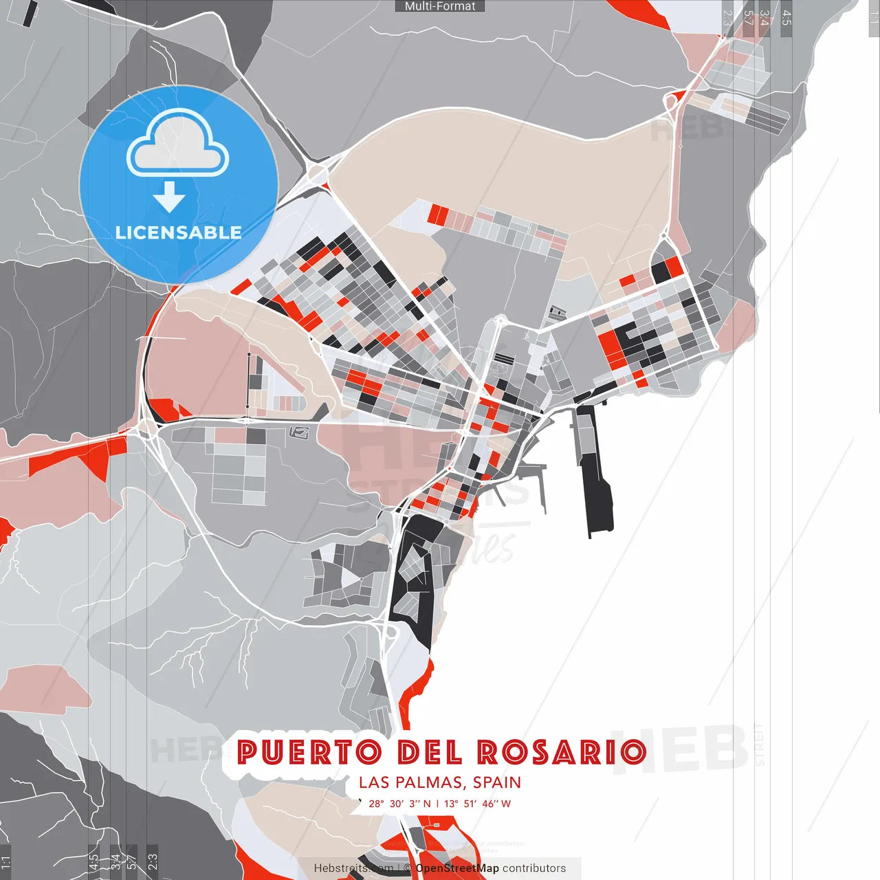 Puerto del Rosario, Las Palmas, Spain - modern street map poster template with gray and red tones