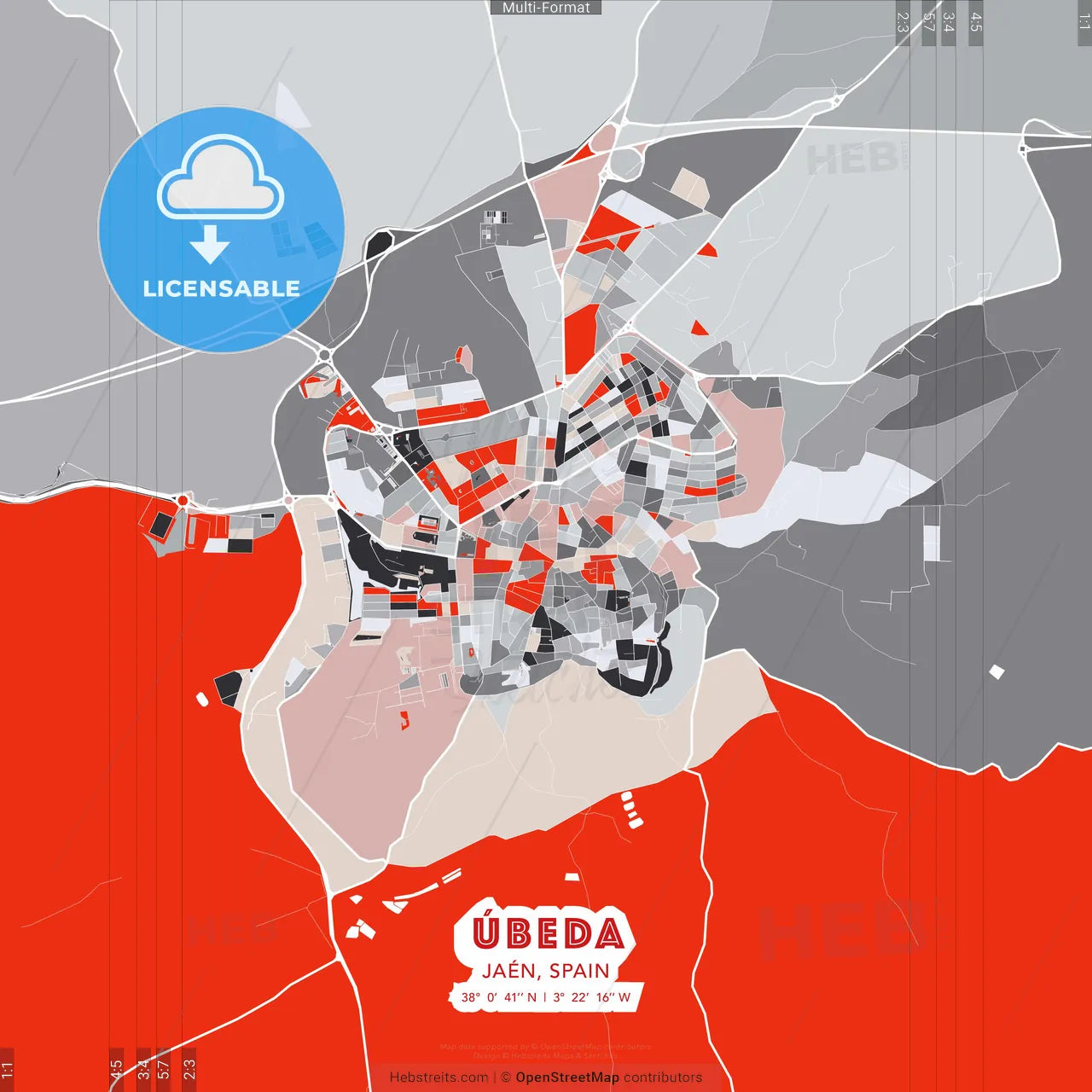 Úbeda, Jaén, Spain - modern street map poster template with gray and red tones