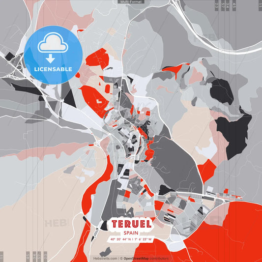 Teruel, Spain - modern street map poster template with gray and red tones