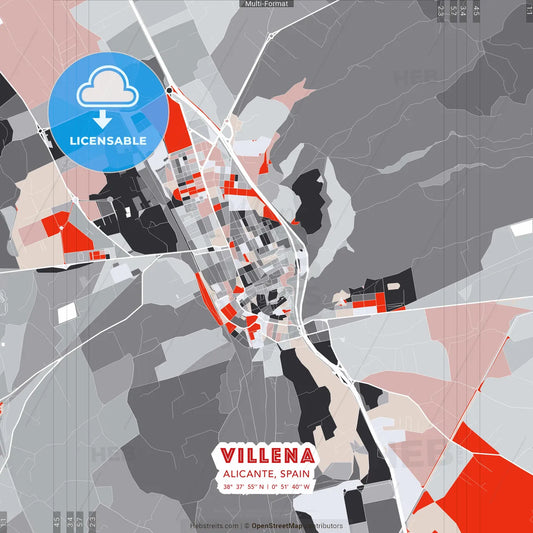 Villena, Alicante, Spain - modern street map poster template with gray and red tones