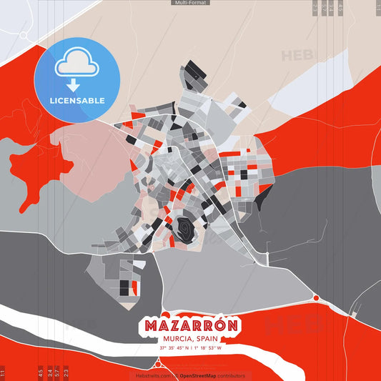 Mazarrón, Murcia, Spain - modern street map poster template with gray and red tones