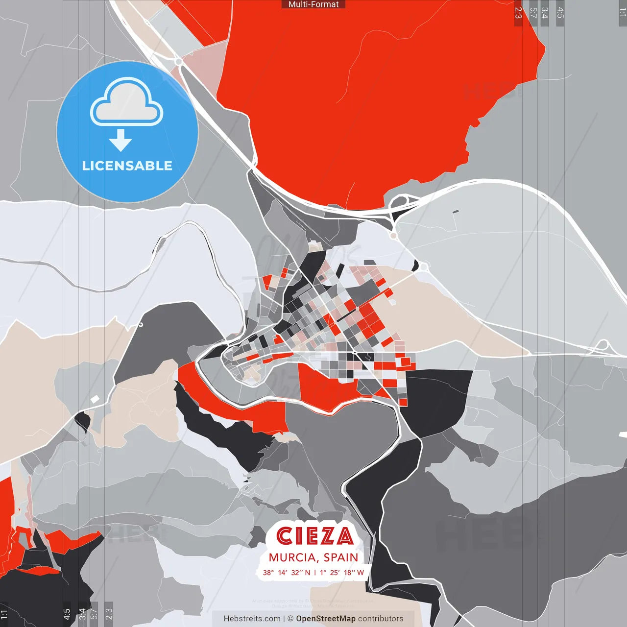 Cieza, Murcia, Spain - modern street map poster template with gray and red tones