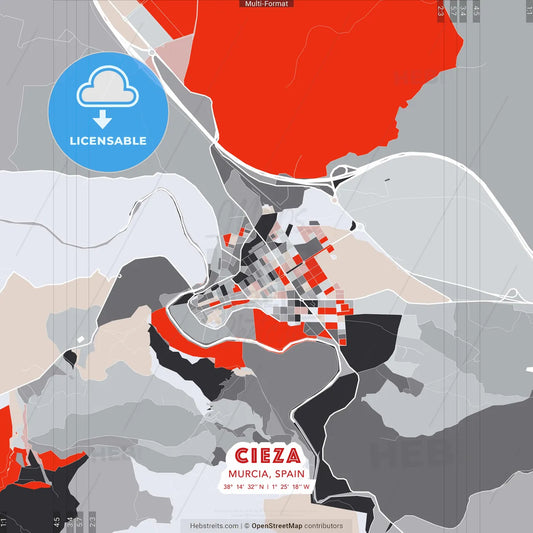 Cieza, Murcia, Spain - modern street map poster template with gray and red tones