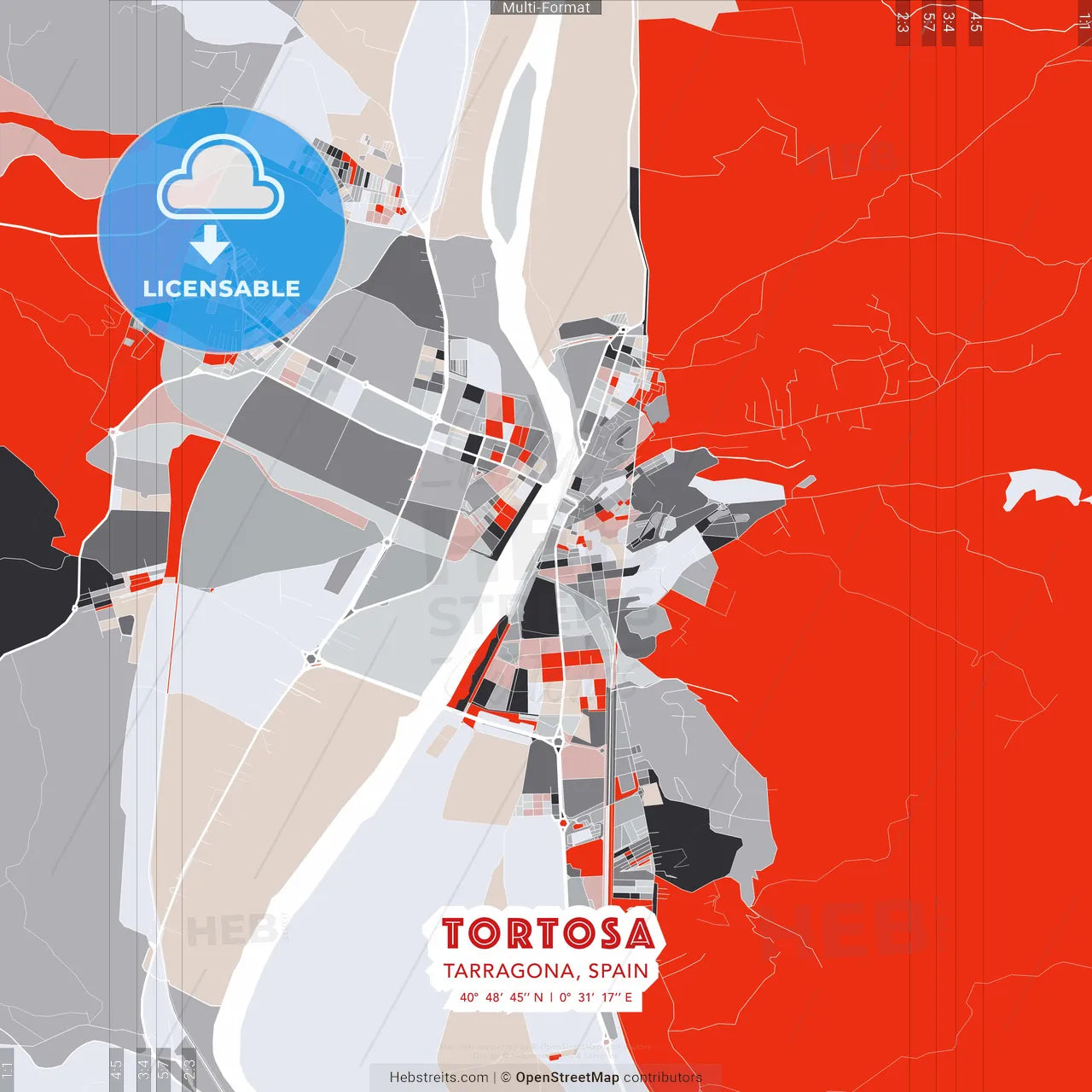 Tortosa, Tarragona, Spain - modern street map poster template with gray and red tones
