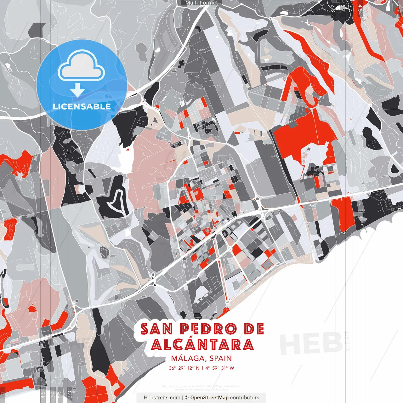 San Pedro de Alcántara, Málaga, Spain - modern street map poster template with gray and red tones