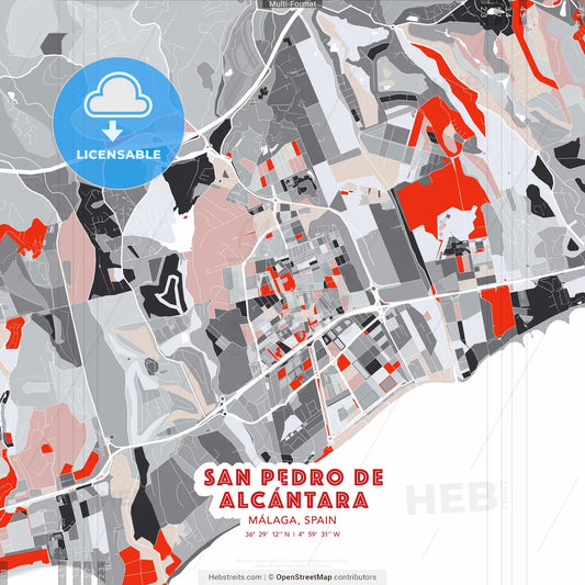 San Pedro de Alcántara, Málaga, Spain - modern street map poster template with gray and red tones