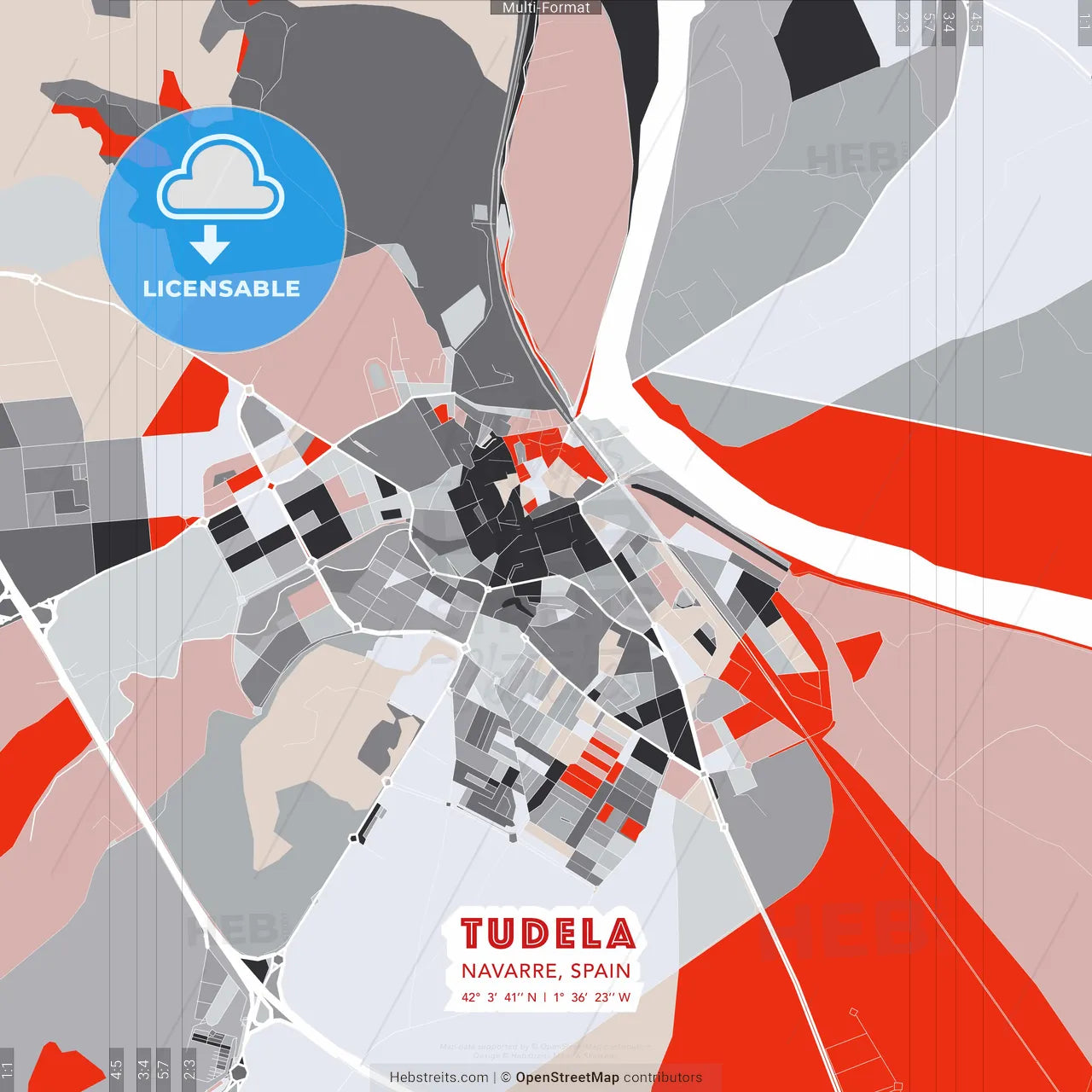 Tudela, Navarre, Spain - modern street map poster template with gray and red tones