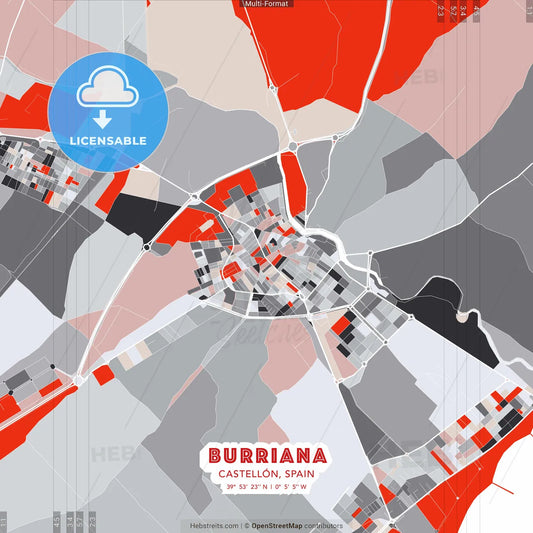 Burriana, Castellón, Spain - modern street map poster template with gray and red tones