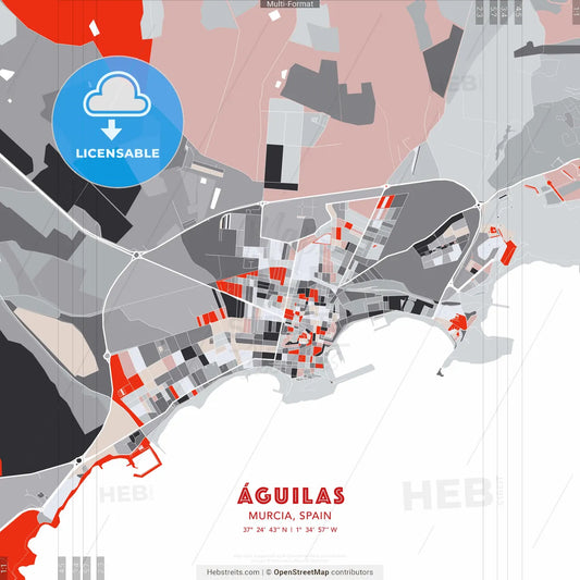 Águilas, Murcia, Spain - modern street map poster template with gray and red tones