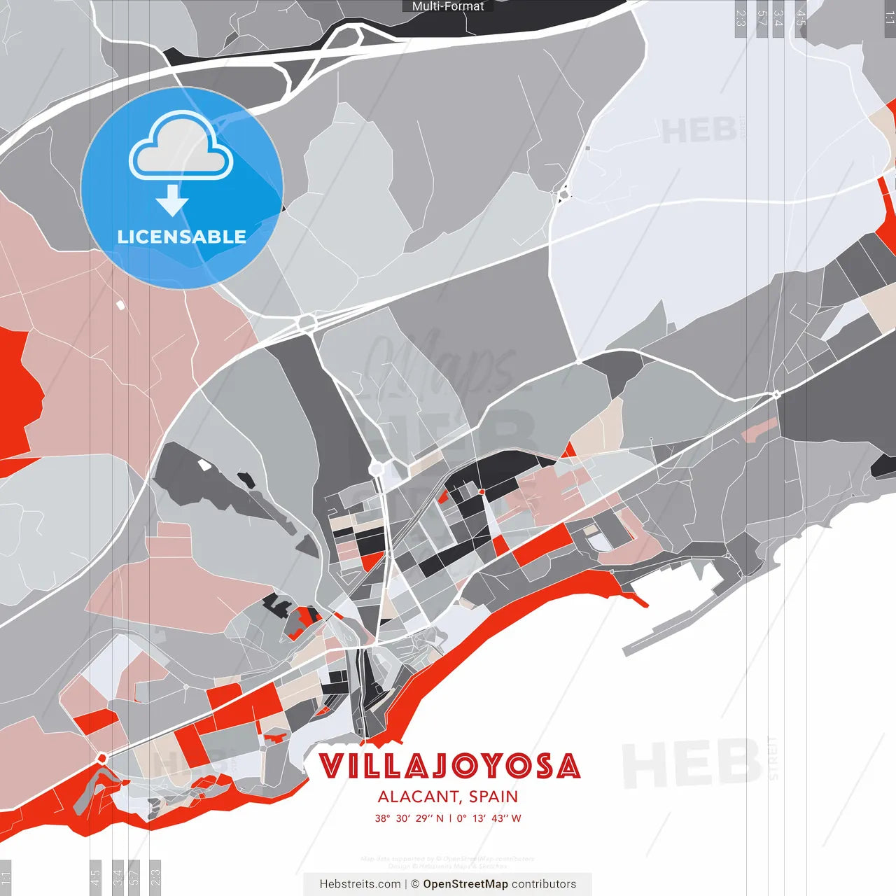 Villajoyosa, Alacant, Spain - modern street map poster template with gray and red tones