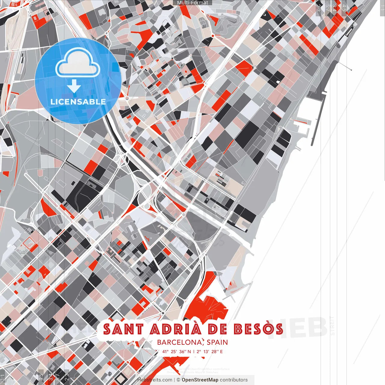 Sant Adrià de Besòs, Barcelona, Spain - modern street map poster template with gray and red tones