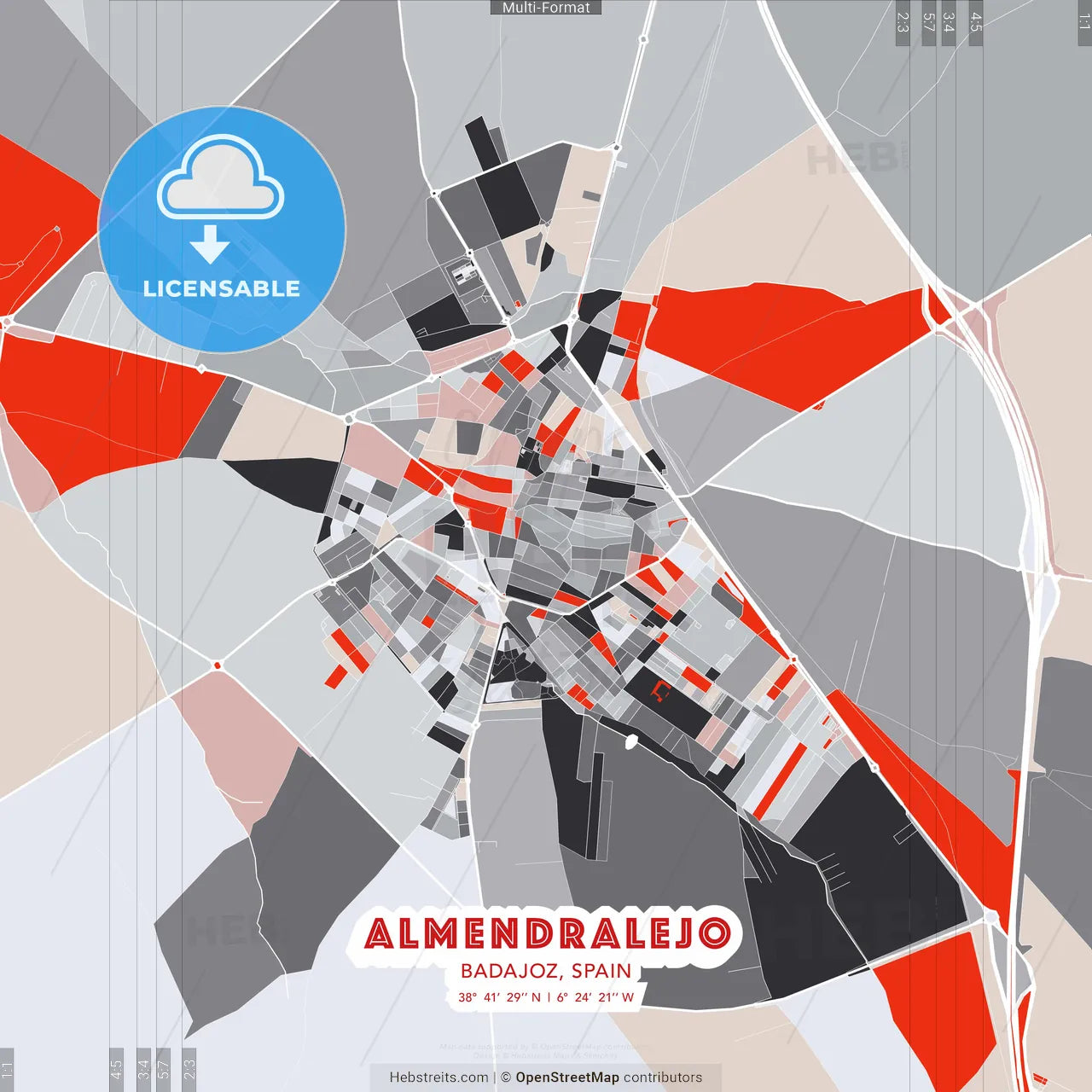 Almendralejo, Badajoz, Spain - modern street map poster template with gray and red tones