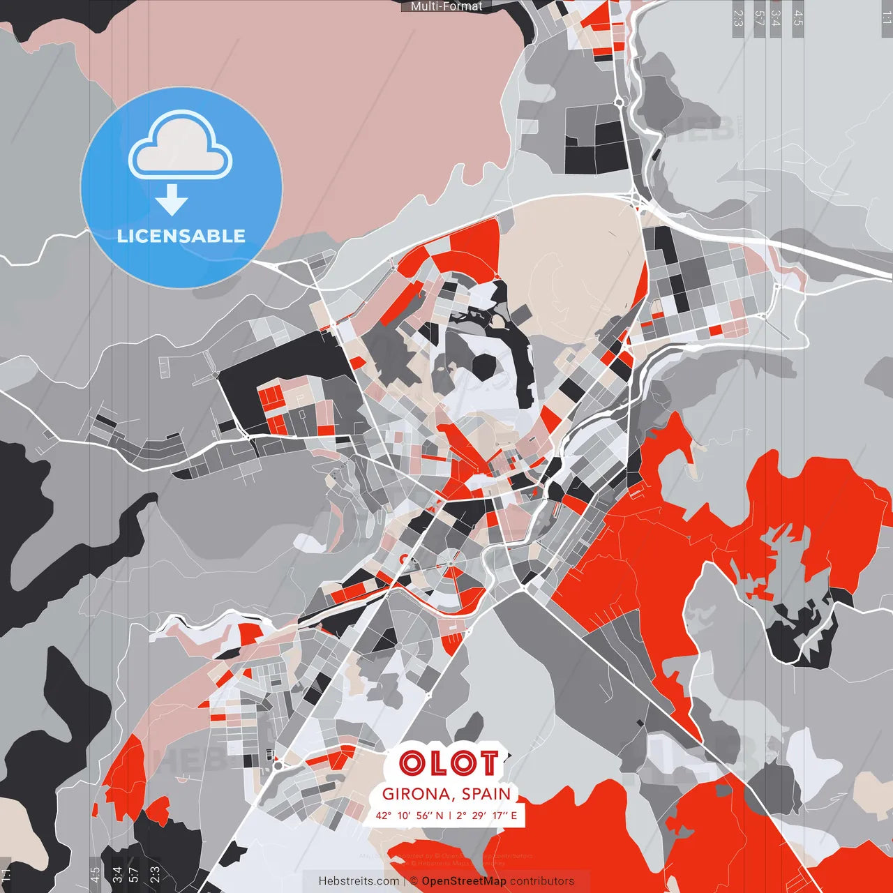 Olot, Girona, Spain - modern street map poster template with gray and red tones