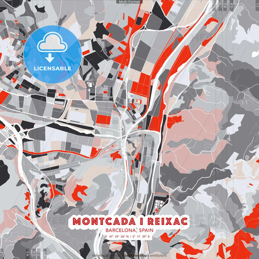 Montcada i Reixac, Barcelona, Spain - modern street map poster template with gray and red tones