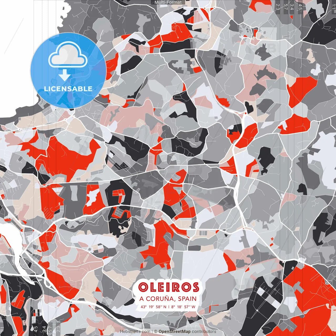 Oleiros, A Coruña, Spain - modern street map poster template with gray and red tones