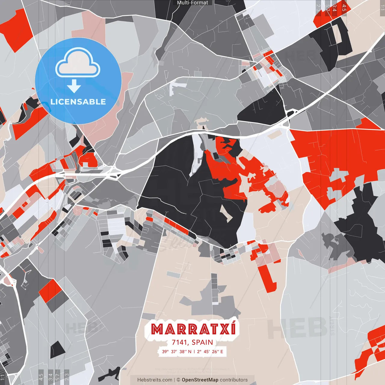 Marratxí, 7141, Spain - modern street map poster template with gray and red tones