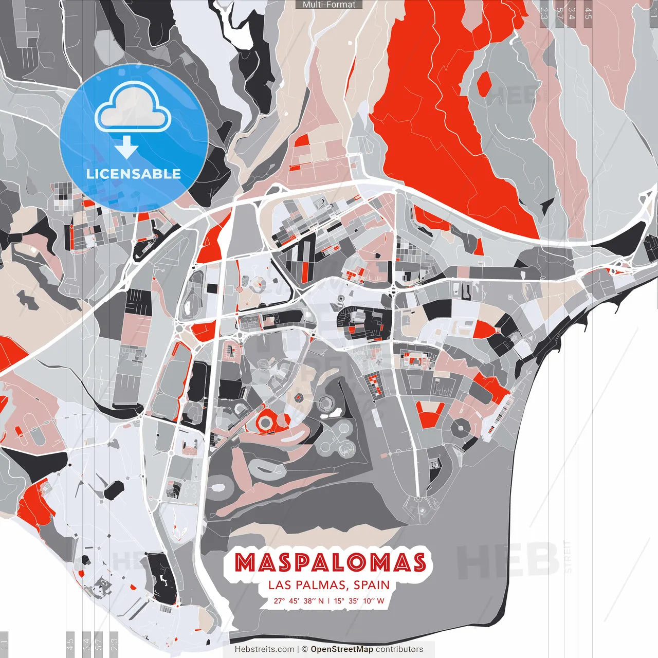Maspalomas, Las Palmas, Spain - modern street map poster template with gray and red tones