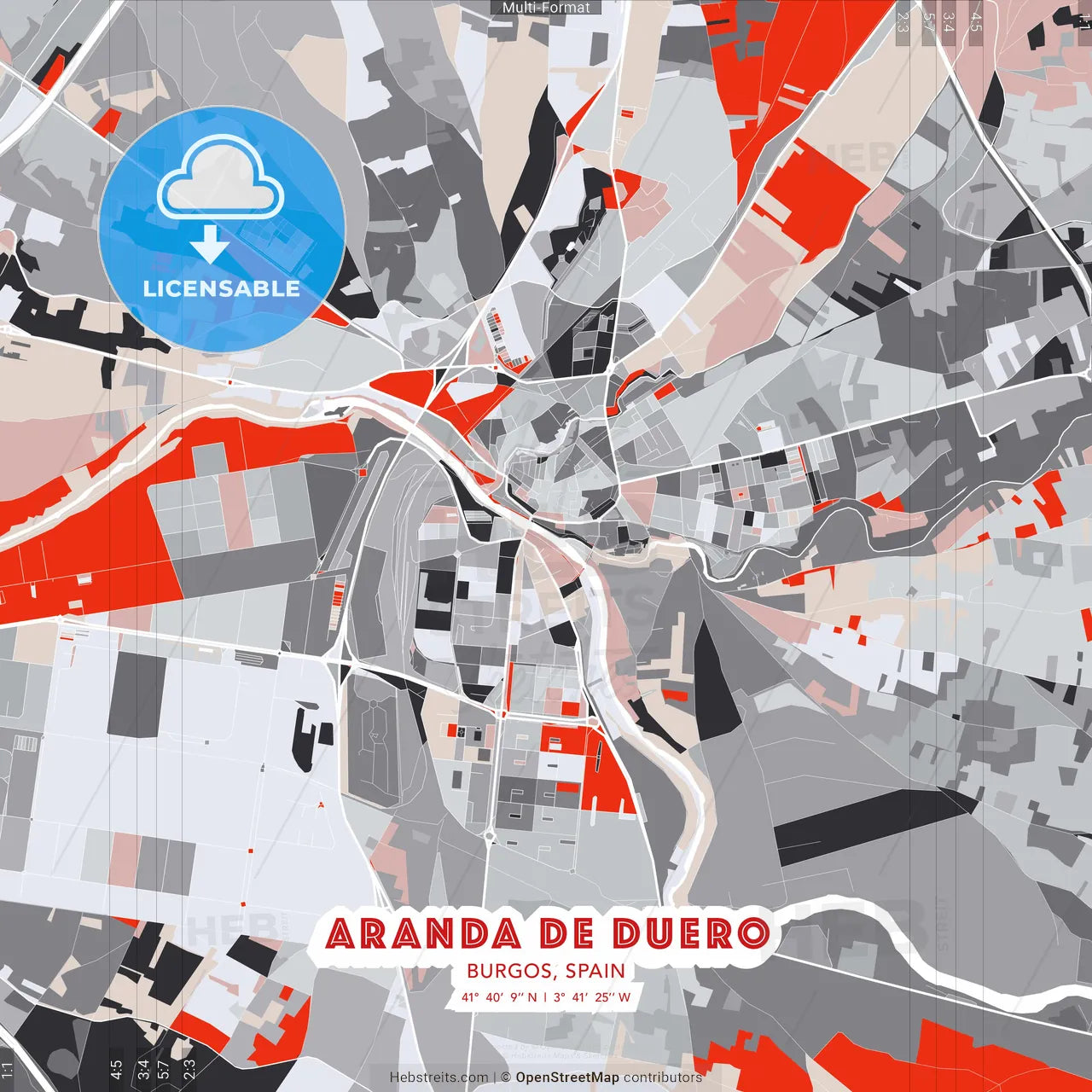 Aranda de Duero, Burgos, Spain - modern street map poster template with gray and red tones