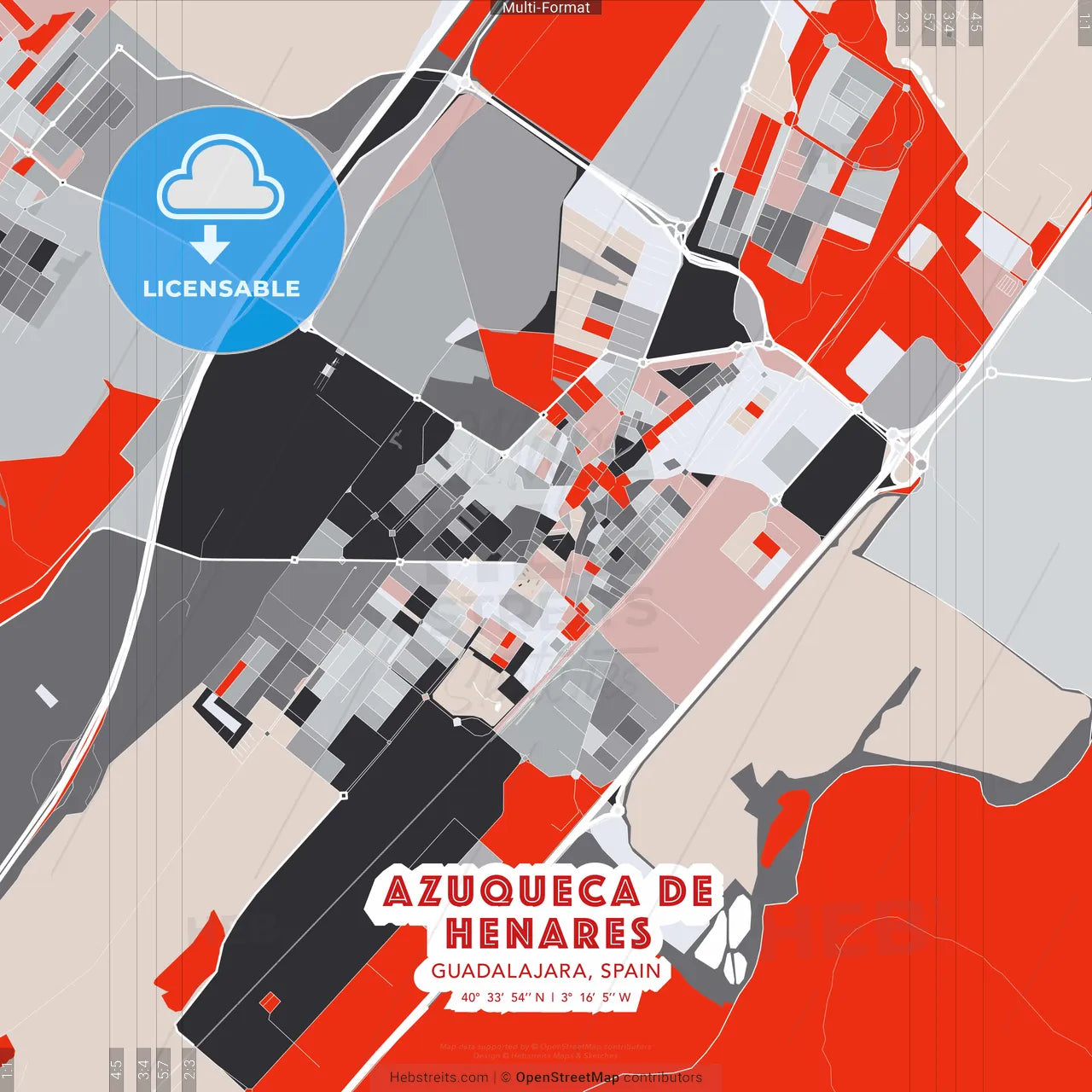 Azuqueca de Henares, Guadalajara, Spain - modern street map poster template with gray and red tones