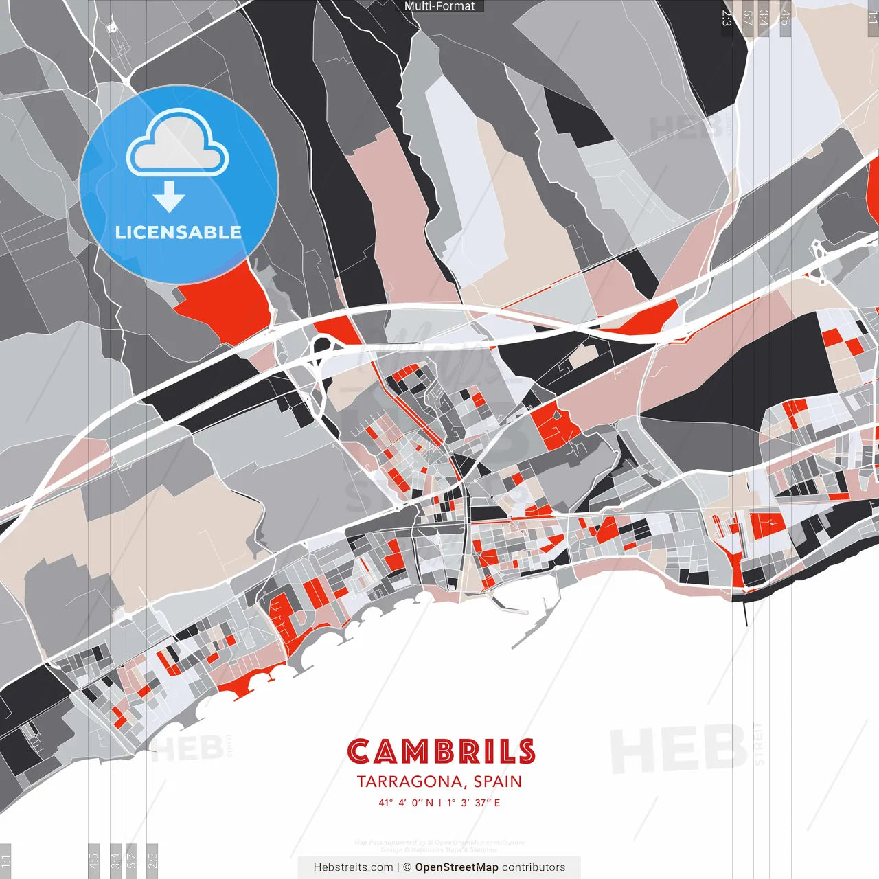 Cambrils, Tarragona, Spain - modern street map poster template with gray and red tones