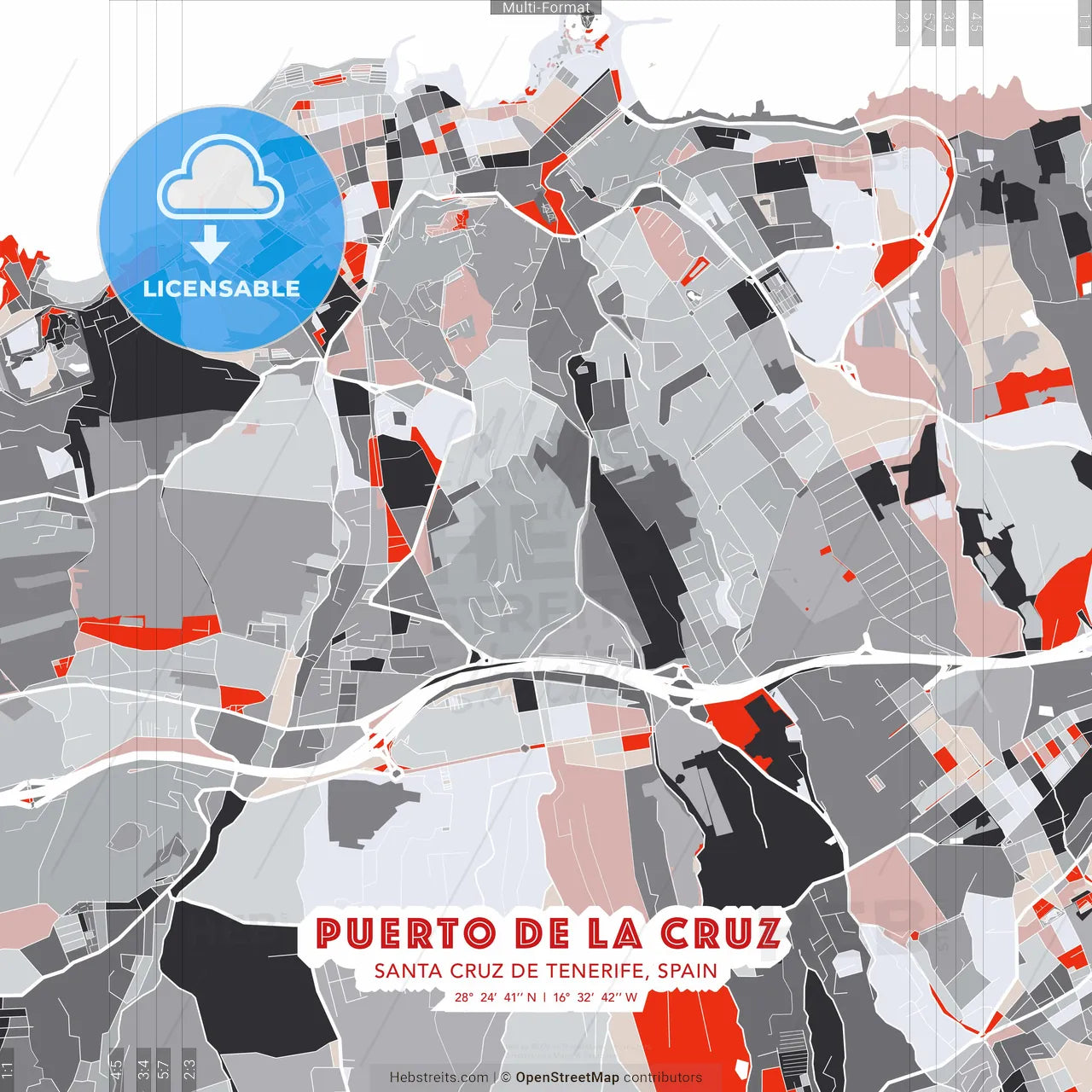Puerto de la Cruz, Santa Cruz de Tenerife, Spain - modern street map poster template with gray and red tones