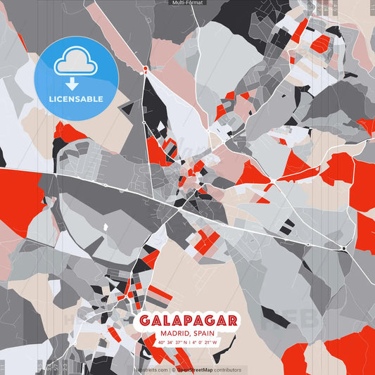 Galapagar, Madrid, Spain - modern street map poster template with gray and red tones